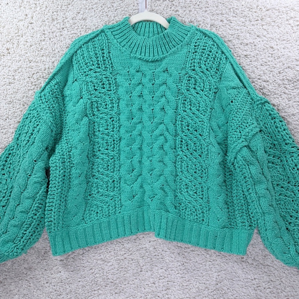 POL Sweater Women Medium Green Oversized Chunky Cable Knit Balloon Sleeve Boho